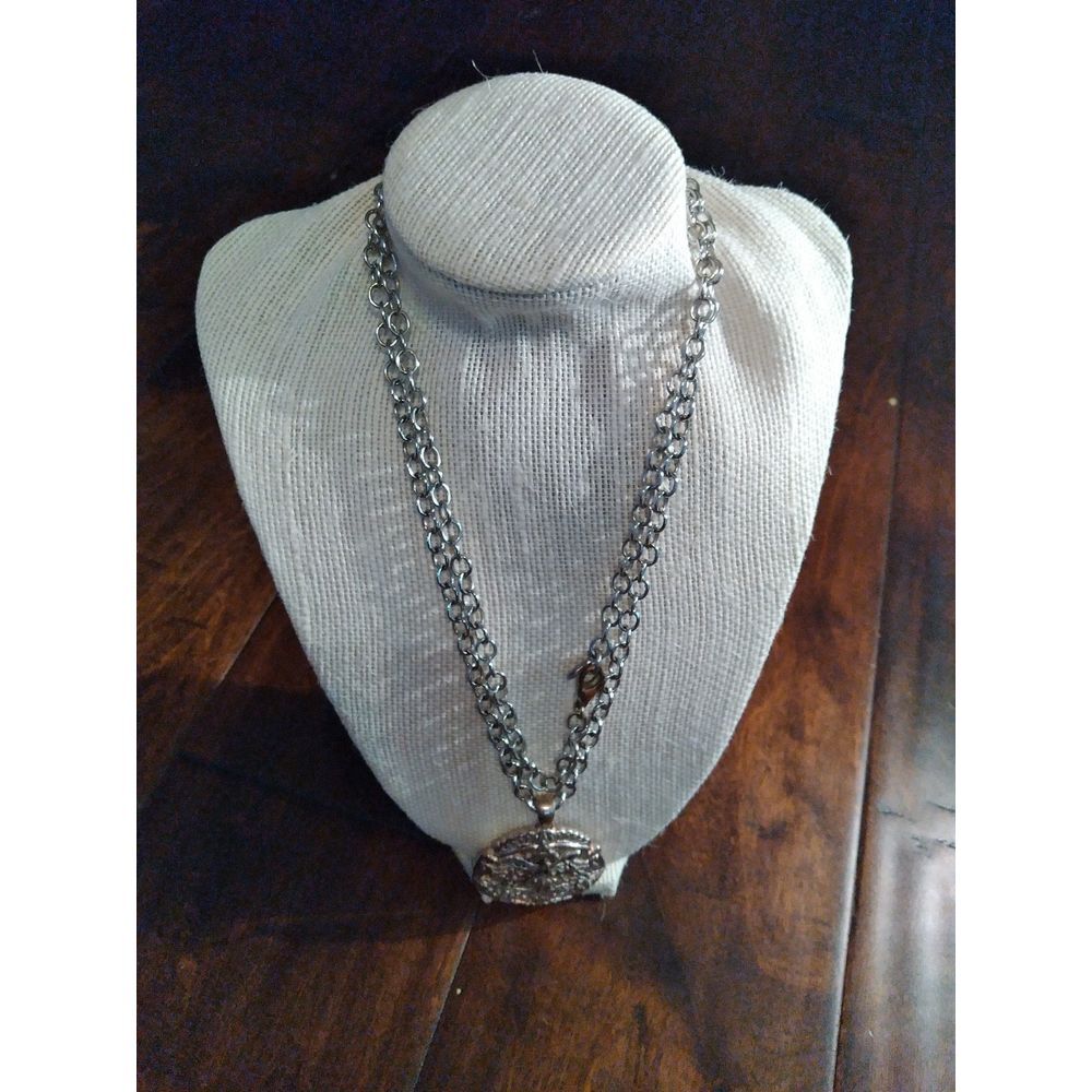 Statement Pendant Necklace Silver Tone Filigree Medallion Chain Fashion